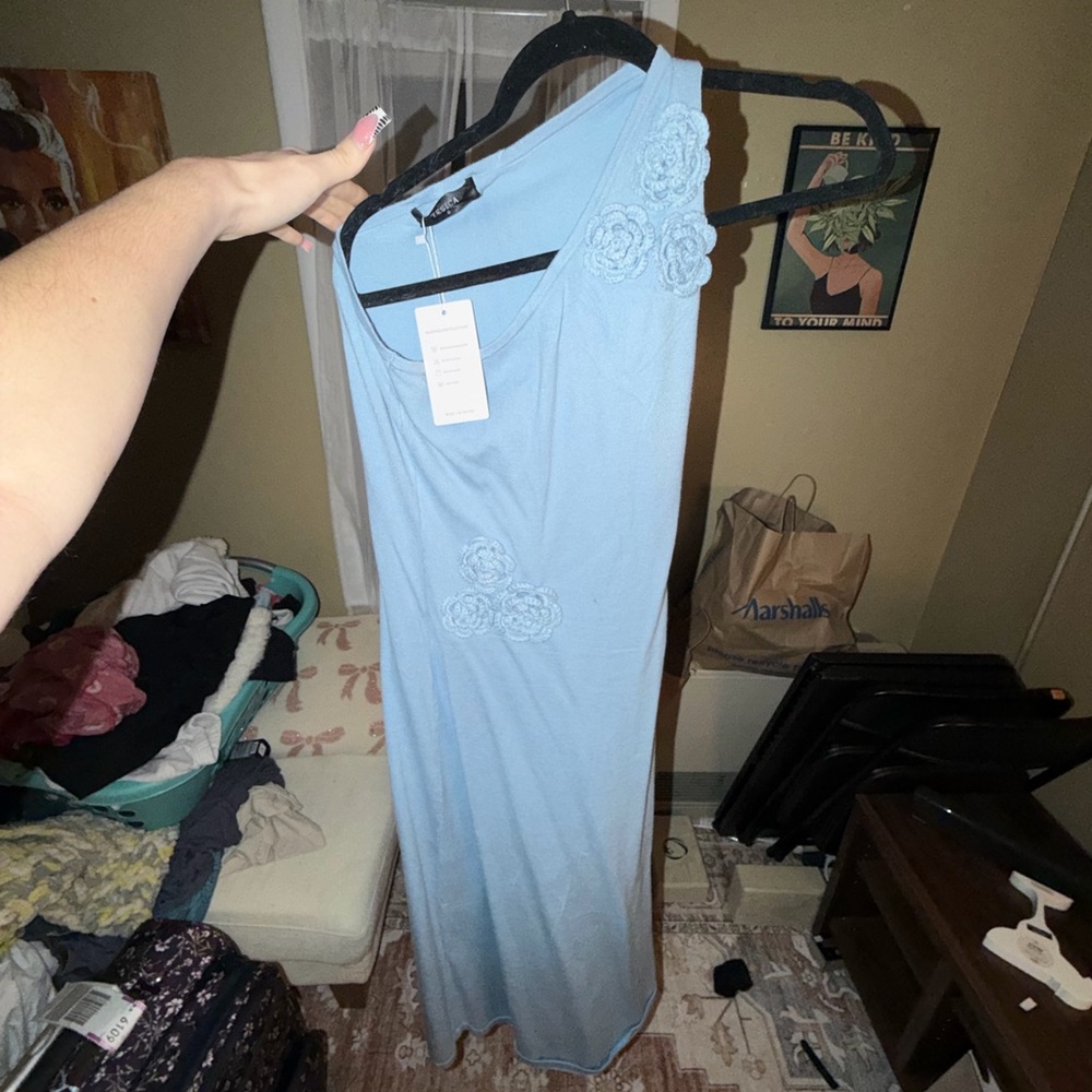 Light Blue Sleeveless Dress with Floral Detail